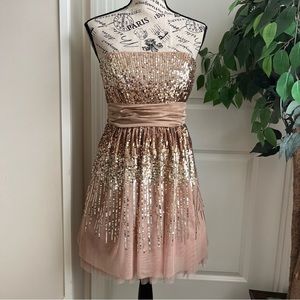BCBGMaxAzria Strapless Sequin Tulle LTBisque Dress Gold Sz 8